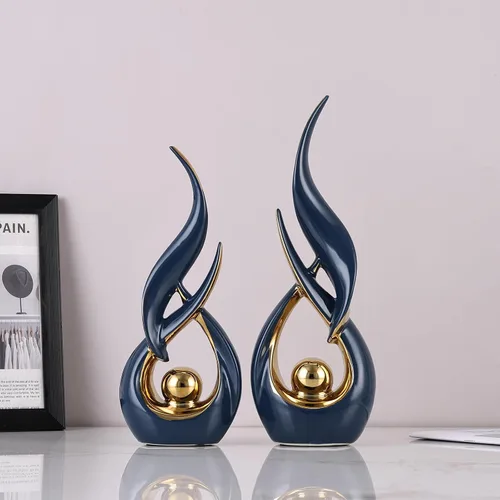Vista 6 de 2 estatuas de cerámica de oro azul para decoración del hogar, esculturas modernas de arte abstracto, elegantes objetos decorativos de mesa