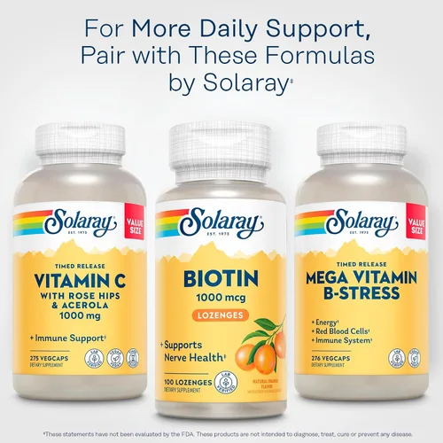 Vista 6 de SOLARAY Pastillas Biotin de 1000 mcg - Suplemento de biotina con vitamina A - Función nerviosa y apoyo de energía celular - Sabor natural de jugo