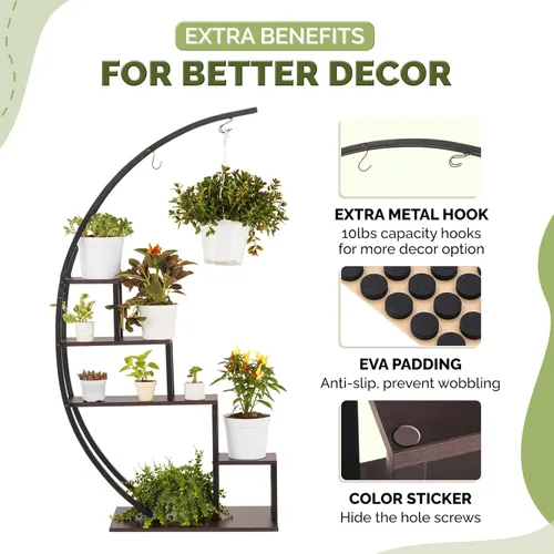 Vista 2 de IDZO - Estantería de metal en forma de media luna para plantas, estantes múltiples para interiores, marrón oscuro, ideal para la decoración