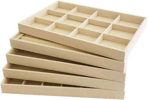 Vista 6 de Bandeja organizadora grande apilable de terciopelo suave beige claro para el hogar (12 rejillas)