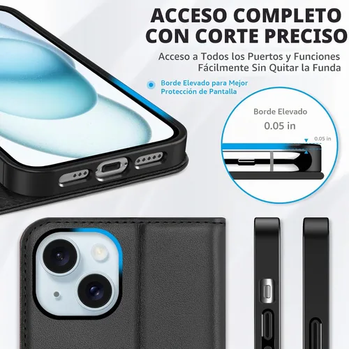 Vista 8 de SHIELDON Funda para iPhone 15 6.1" 2023, Funda Tipo Cartera de Cuero Genuino con [Soporte] [Tarjetero con Bloqueo RFID] [Magnética] Cubierta de Negro