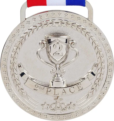 Vista 9 de Medallas de bronce dorado y plateado para premios de trofeo del 1er 2º y 3er lugar, acabado brillante o antiguo con cinta de satén roja, blanca