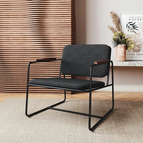 Vista 2 de Manhattan Comfort Whythe - Silla de piel sintética 2.0 con diseño de brazo de madera maciza, color negro