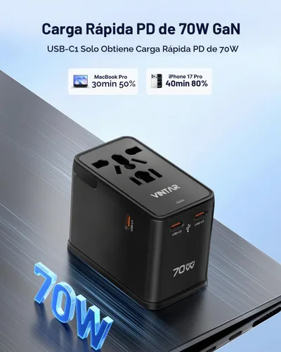 Vista 2 de VINTAR Adaptador de viaje universal de 70W GaN, adaptador de corriente 70W negro
