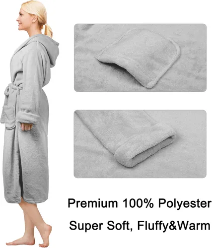 Vista 2 de Bata de baño larga con capucha Sherpa para mujer, con capucha, forro de sherpa, color gris
