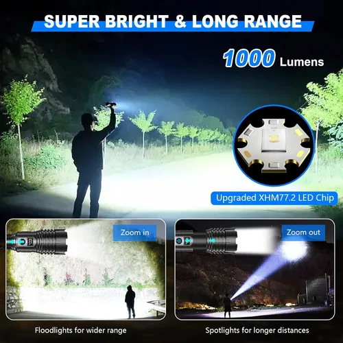 Vista 2 de Goreit Linternas LED de Altos Lúmenes Recargables, Luz de 1000 Lúmenes XHM77.2 Super Brillante, Luz de Alta Potencia, Potentes Linternas de Mano