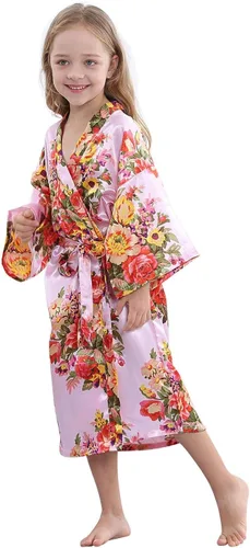 Vista 3 de TIMSOPHIA Kimono floral de satén para niños, bata de baño para boda, spa, fiesta, regalos de novia, ropa de dormir, bata de baño