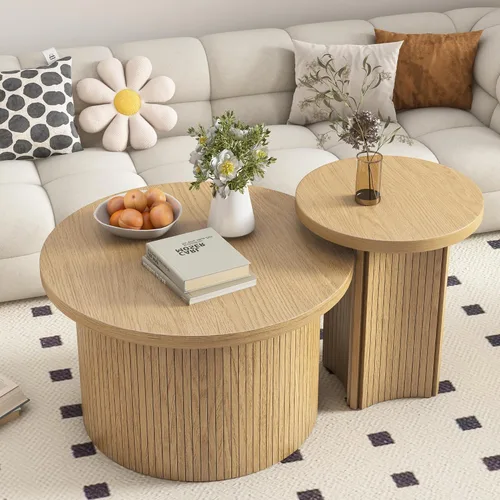 Vista 3 de Mxtxmy Juego de 2 Mesas de Café Anidadas de Estilo Granja, Mesa de Café Redonda para Sala de Estar, Juego de Mesas de Café con Acabado de Madera
