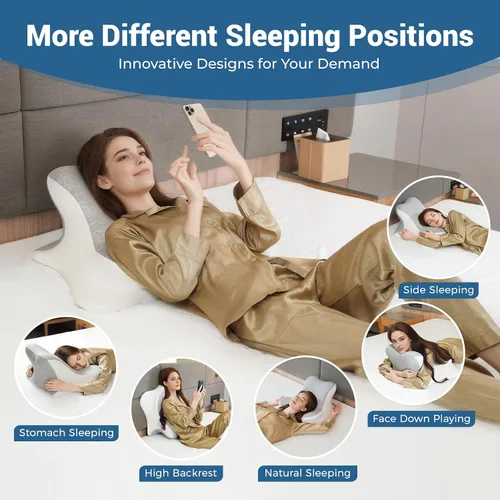 Vista 4 de Almohada de lectura para cama, para estar acostado, inclinado y boca abajo, almohada ergonómica de espuma viscoelástica en cuña para cabecero Gris