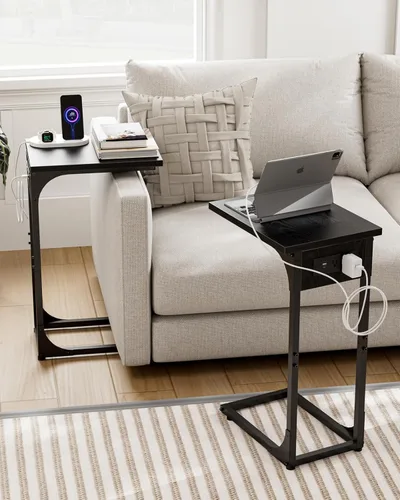 Vista 7 de Mesa auxiliar en forma de C para sofá, soporte de café pequeño, bandeja de sofá con marco de metal, parte superior de madera impermeable resistente