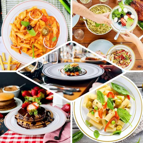 Vista 4 de Efavormart - Paquete de 50 platos redondos de postre de plástico Très Chic de 6 pulgadas con borde dorado