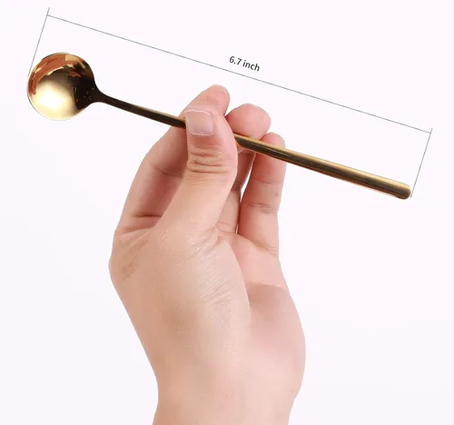 Vista 7 de 4 piezas de cucharas de café/té de 17 cm con mango largo, doradas, para té helado, espresso, cucharas largas de acero inoxidable para remover