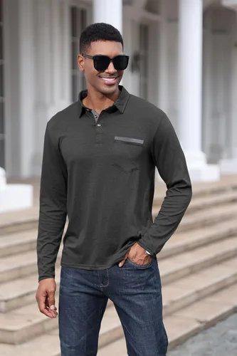 Vista 2 de Polo de algodón clásico de manga larga con botones térmicos y bolsillo para hombre