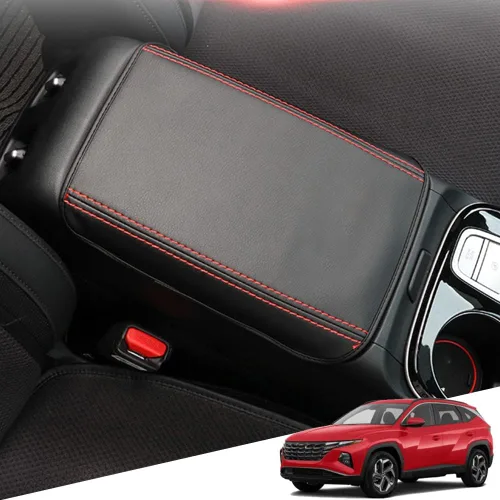 Vista 100 de Great-luck Funda de cuero para consola central, almohadilla para reposabrazos, accesorios de cubierta de caja (costuras rojas) para BMW X1 2023 2024
