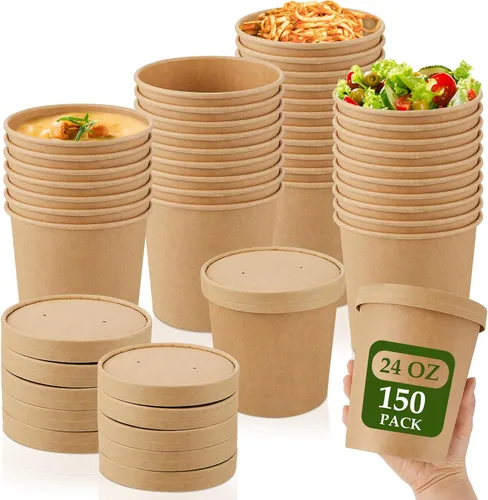 Vista 16 de Sabary Paquete de 50 Recipientes de Papel para Sopa de 8 oz con Tapa Desechables de Papel Kraft Recipientes para Comida Aptos para Microondas