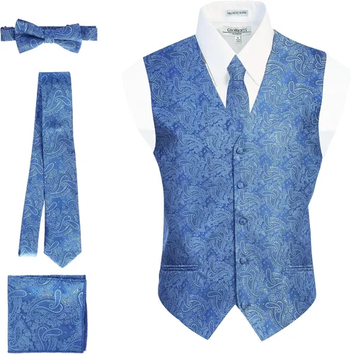Vista 17 de Gioberti Chaleco formal de cachemira de 4 piezas para hombre, corbatín y pañuelo de bolsillo Negro B