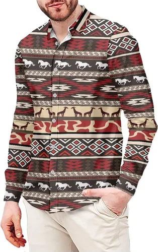Vista 12 de Camisas aztecas con botones para hombre, vintage, nativo americano, patrón tribal nación, manga larga, camisa de talla grande para hombre