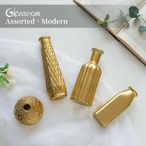 Vista 7 de Glasseam - Jarrón dorado de vidrio para flores: pequeños jarrones de vidrio para centros de mesa de la sala de estar y la mesa de la cocina, 4