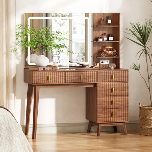 Vista 10 de Escritorio grande de maquillaje con espejo y luces, escritorio de tocador con 6 cajones y estantes de almacenamiento, mesa de tocador con toma
