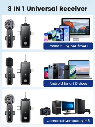 Vista 5 de Micrófonos Lavalier inalámbricos 3 en 1 para iPhone/Android/cámara, paquete de 2 mini micrófonos con pantalla LED, micrófono omnidireccional