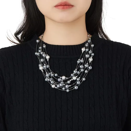 Vista 5 de Collar de perlas en capas de múltiples hebras, gargantilla de perlas para mujer, joyería de cuentas para bodas y fiestas
