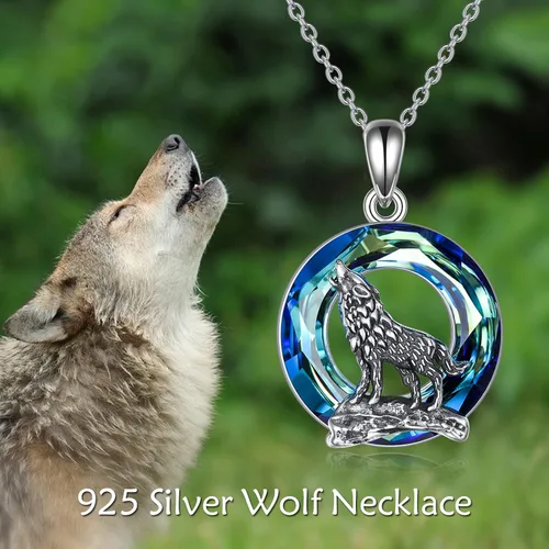 Vista 5 de YFN Collar de lobo para hombres y mujeres, plata de ley, ópalo luna, lobo joyería de cumpleaños para amantes del lobo de 18 + 2 pulgadas, Plata