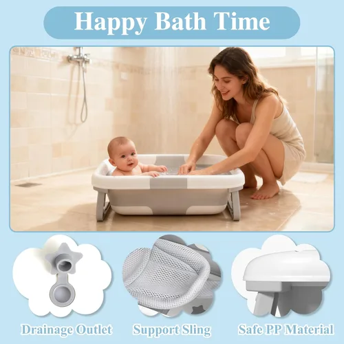 Vista 3 de Bañera plegable para bebé con eslinga para recién nacido, bañera para bebé con diseño de drenaje rápido, bañera infantil para recién nacidos a niños