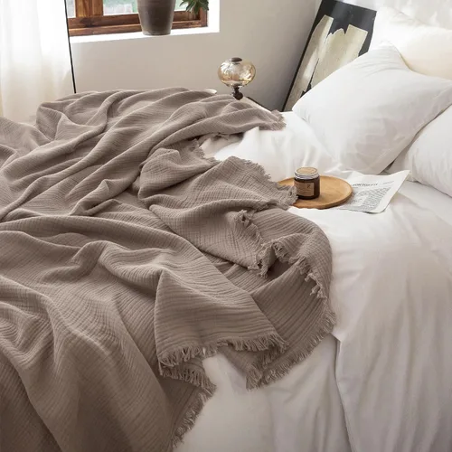 Vista 20 de FOSSA Manta de Muselina con Flecos - Gasa de Algodón 100% de 4 Capas Súper Suave y Transpirable - Manta Decorativa Ligera y Refrescante para Cama