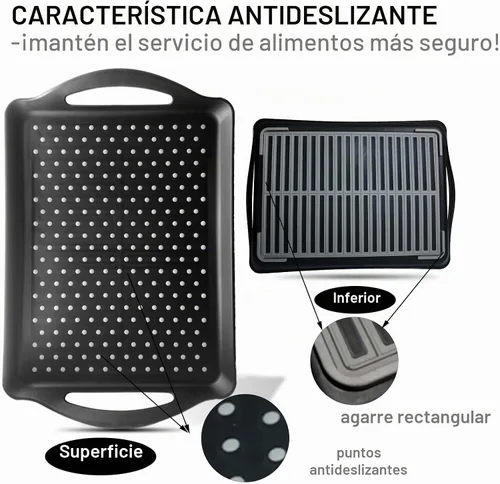 Vista 2 de ECOIOU Bandeja antideslizante para servir alimentos con asas, paquete de 2 bandejas rectangulares antideslizantes no tóxicas aptas para lavavajillas