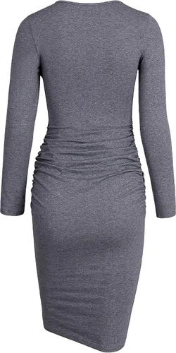 Vista 2 de Missufe - Vestido casual ajustado de manga larga para mujer, fruncido, vestido de verano, hasta la rodilla, ajustado, tipo bodycon