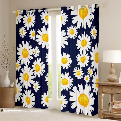 Vista 3 de Cortinas opacas de margaritas blancas, cortinas florales Trippy para niños y niñas, flores amarillas de jardín, 76 x 45 pulgadas, cortinas