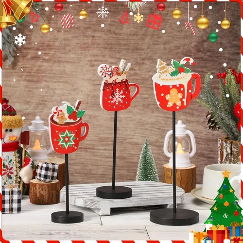 Vista 5 de 3 piezas de decoración de mesa de Navidad para centros de mesa de chocolate caliente, letrero de bandeja escalonada, decoración de madera de barra