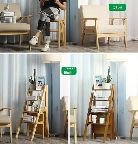 Vista 6 de JHome Taburetes elevadores de escalera de 4 escalones, madera maciza, escalera plegable transformable para el hogar, cocina, silla plegable de doble