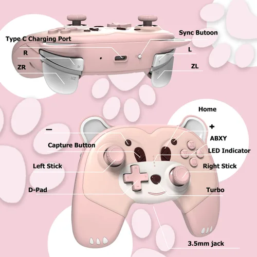 Vista 6 de Mytrix Pink Wireless Controller for Nintendo SwitchSwitch Lite Cute Pro Controller with Macro Wake-Up Headphone Jack Turbo Motion Vibration