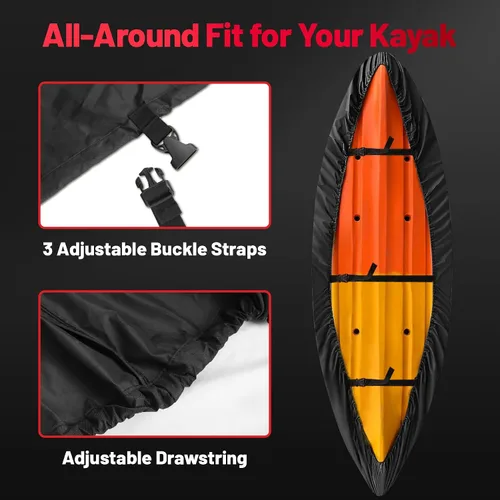 Vista 3 de Funda para kayak de 9.5 pies – 600D resistente e impermeable para almacenamiento al aire libre, accesorio resistente a la decoloración para tabla