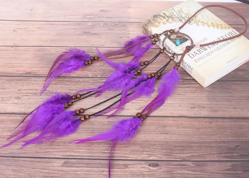 Vista 7 de Gangel Diadema de plumas turquesas, tocado indio gitano, atrapasueños, hippie, plumas, con plumas moradas, cuerda de cáñamo larga con borla