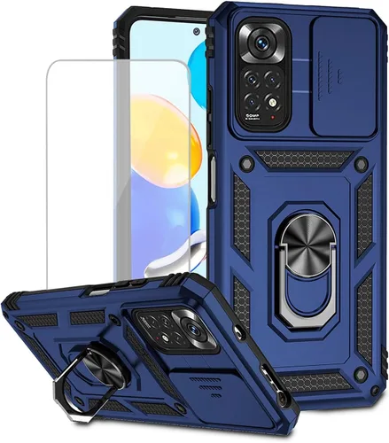 Vista 10 de Para Redmi Note 11 (4G)/Redmi Note 11S con protector de pantalla de vidrio templado y cubierta de cámara deslizante, anillo magnético Soporte de Oro