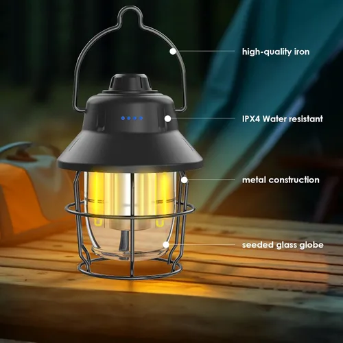 Vista 2 de Linterna LED recargable para campamento, mini linterna impermeable retro portátil, 1000 lm, 3 modos de luz (2700-6500 K) brillo de atenuación