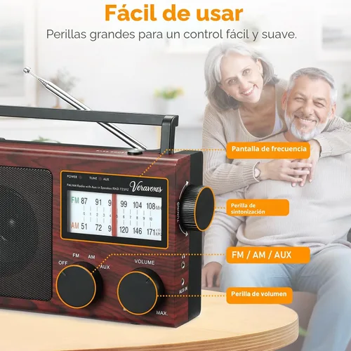 Vista 4 de Radio AM/FM portátil con control de graves, equipada con un altavoz de alta potencia integrado, conector para auriculares y entrada de audio AUX