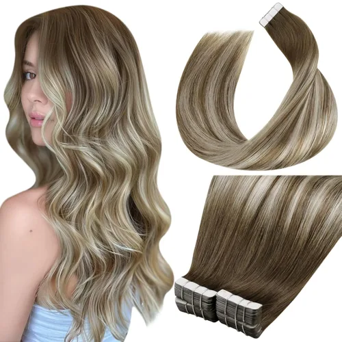Vista 50 de LaaVoo Extensiones adhesivas de cabello humano real, color negro azabache, extensiones de cabello humano liso y sedoso, 10 pulgadas, 20
