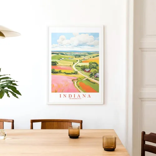 Vista 8 de ColorAndFlair Indiana Travel Print Hoosier State Souvenir Nature Green Pink Orange Wall Art Retro Poster Red Barn Landscape Painting (13x19 inches)
