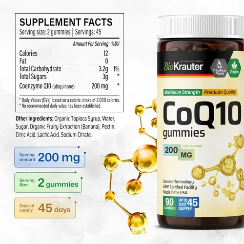 Vista 3 de BIO KRAUTER CoQ10 200mg para producción de energía - Coenzima Q10 para antioxidantes y bienestar diario - Gomitas veganas 90 CoQ10, suministro de 45