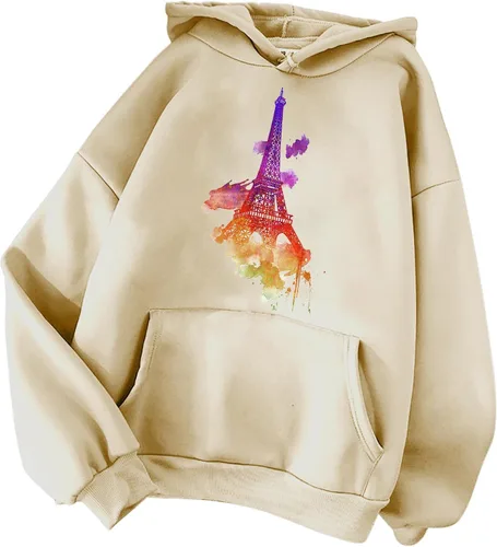 Vista 3 de Sudadera de manga larga con capucha para mujer, cuello redondo, cordón y estampado de la Torre Eiffel, ajuste delgado, ropa casual de otoño