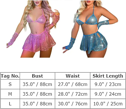 Vista 4 de Lencería sexy para mujer con lentejuelas metálicas parte superior halter y parte inferior de falda trajes rave