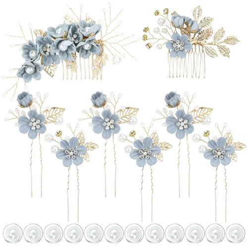 Vista 13 de inSowni - Juego de 20 peines laterales para el pelo con flores en tonos rosa polvoriento, azul y blanco, pinzas para el pelo con flores, pinzas
