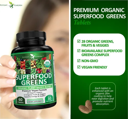 Vista 5 de Potent Garden Paquete de 2 superalimentos orgánicos, suplemento de frutas y verduras rico en vitaminas y antioxidantes con alfalfa, raíz