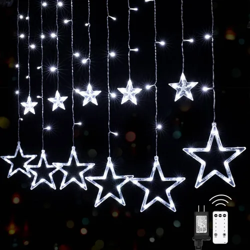 Vista 8 de Luces de Cortina de Estrellas para Dormitorio - Enchufables de 9 pies, 138 Luces LED de Hadas Centelleantes con 12 Gotas de Estrellas, Luces