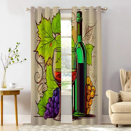 Vista 23 de Shrahala Cortinas opacas con diseño de uvas maduras de dibujos animados, copa de vino y botella, cenefa de cocina, cortinas de bloqueo de luz