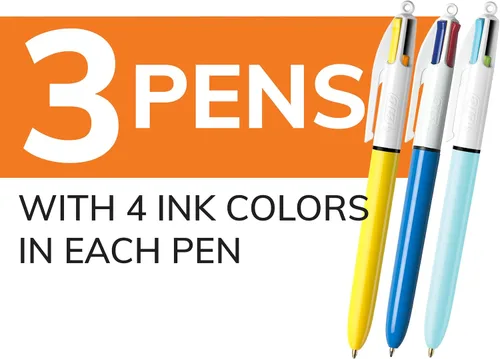 Vista 2 de BIC - Bolígrafo retráctil de 4 colores, tinta de larga duración y cañón ancho cómodo, paquete de 3 unidades en varios colores de tinta