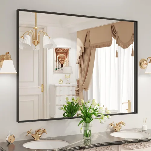 Vista 8 de LOAAO Espejo de Baño de Pared Rectangular Negro de 20"X30", Marco de Aleación de Aluminio Negro Mate, Vidrio Templado, se Cuelga Vertical u